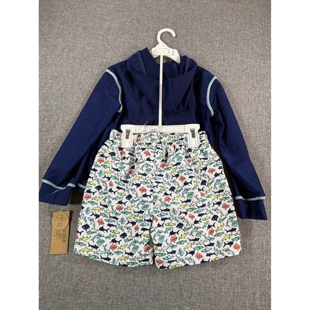 WONDERLUXE Rash Guard Hoodie and Swim Trunks Set Shark Navy Blue UPF 50+ Boys 4T